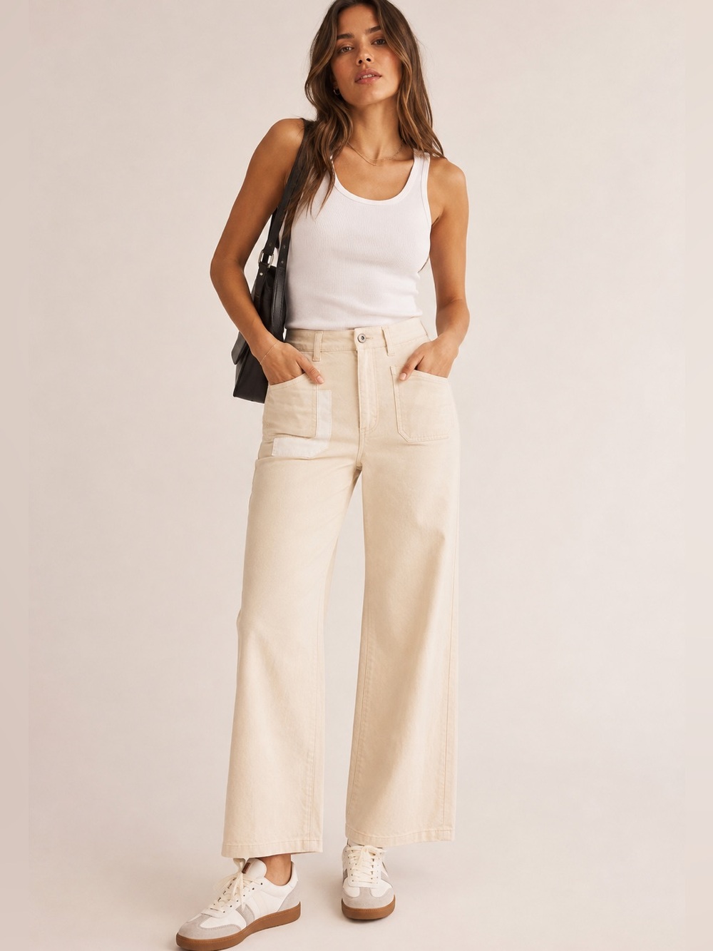 Alexa Chung Ecru High Rise Wide Leg Cropped Utility Patch Pocket Jeans 27 euc